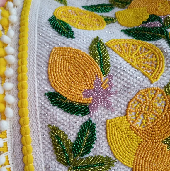 NEW America & Beyond Beaded Lemon Pom Pom Woven Cotton Summer Travel Beach Tote - Picture 3 of 16